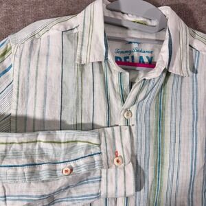 Tommy Bahama Relax Button Up Mens XL Striped Linen Blend Coastal Minimalist